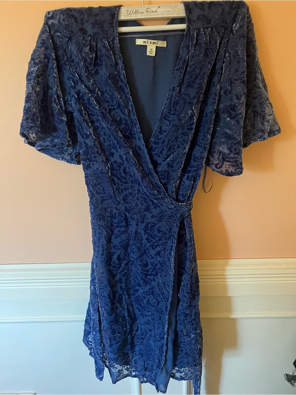 Miami Blue Velvet Burnout Wrap Dress velour floral embossed Disney dress mini M